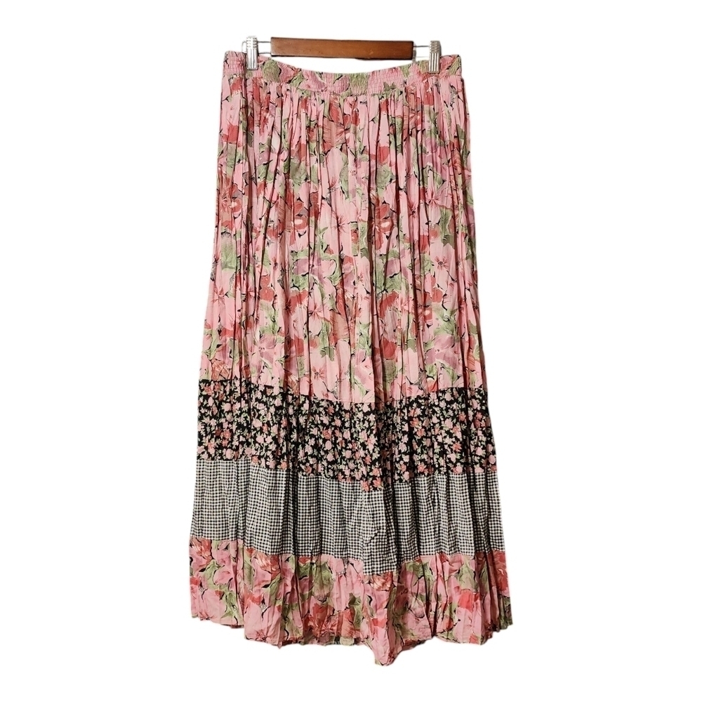 Vintage Kathie Lee Collection Pink Floral Boho Checkered Maxi Skirt M L - Picture 2 of 7